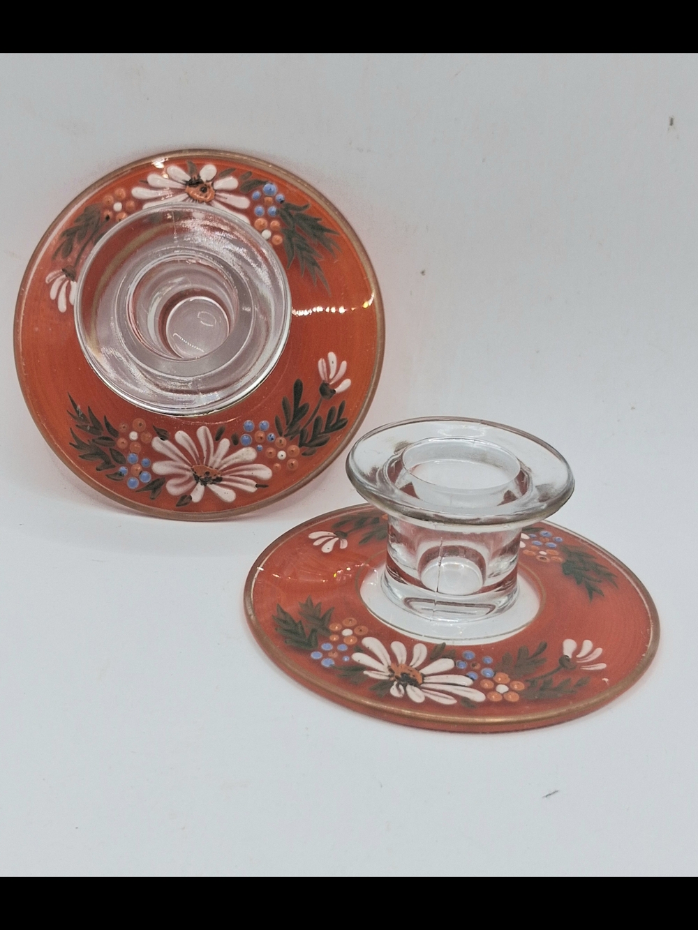 Indiana Glass Hand-Painted Floral Ceramic & Glass Candle Holders - Orangd